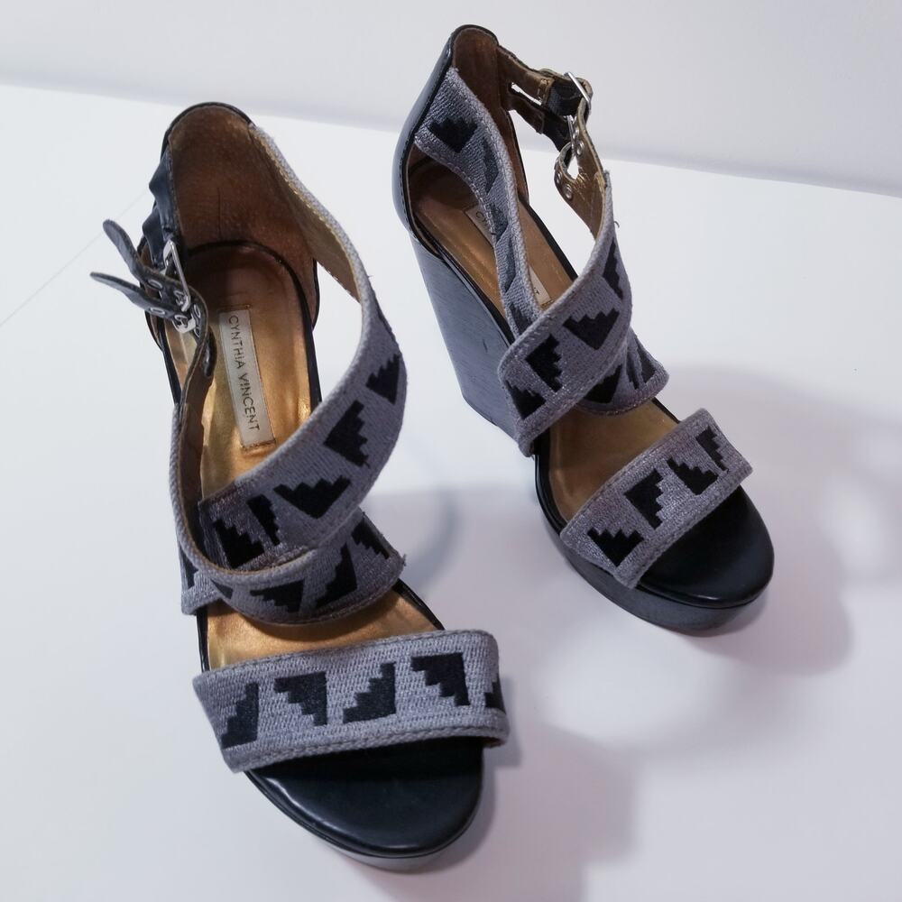 Cynthia Vincent Gray Tribal Wedge Sandals